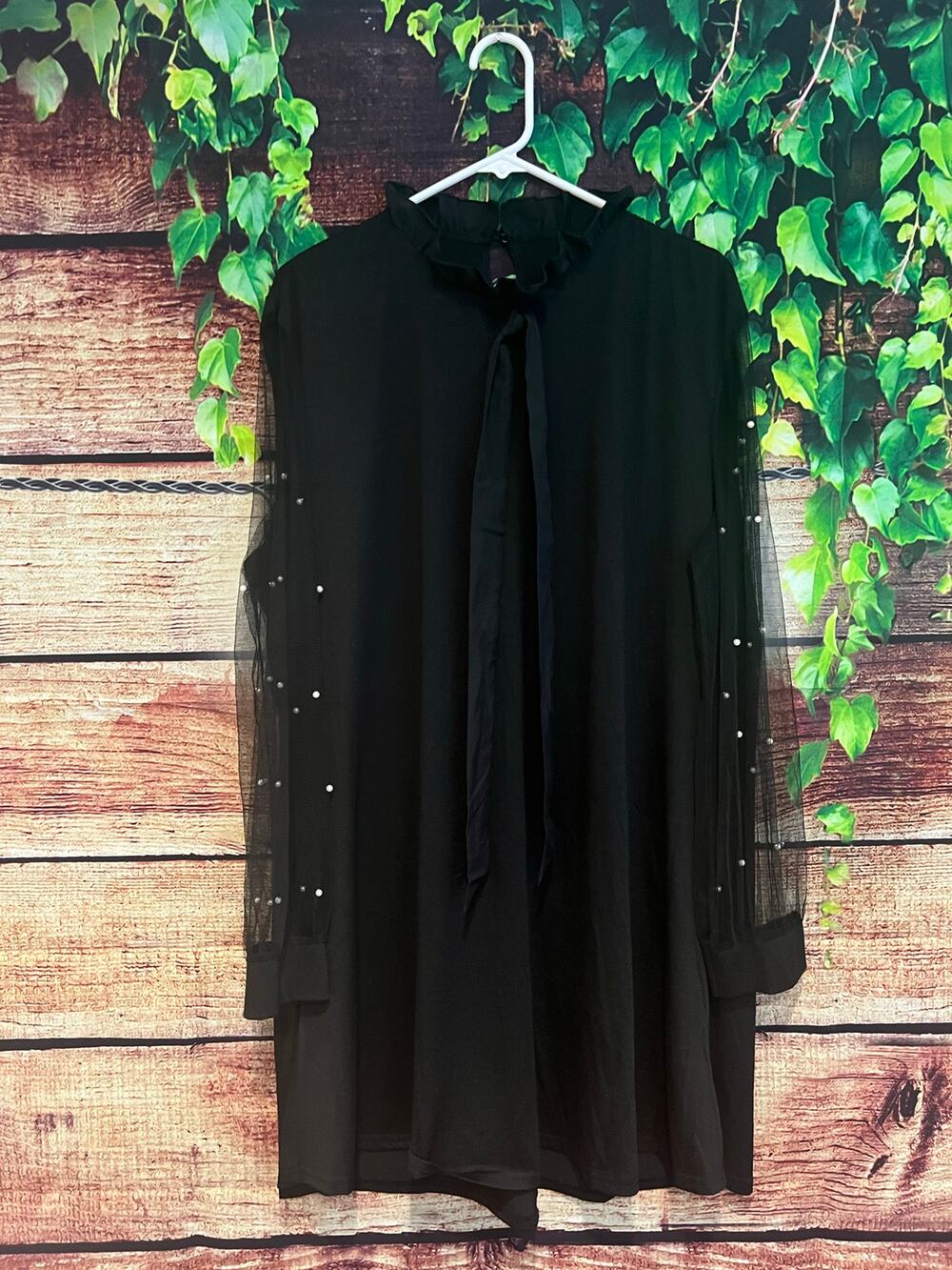 Black Midi Shift Dress PEARL Embellished Sheer Mesh Sleeves Cocktail Party XL